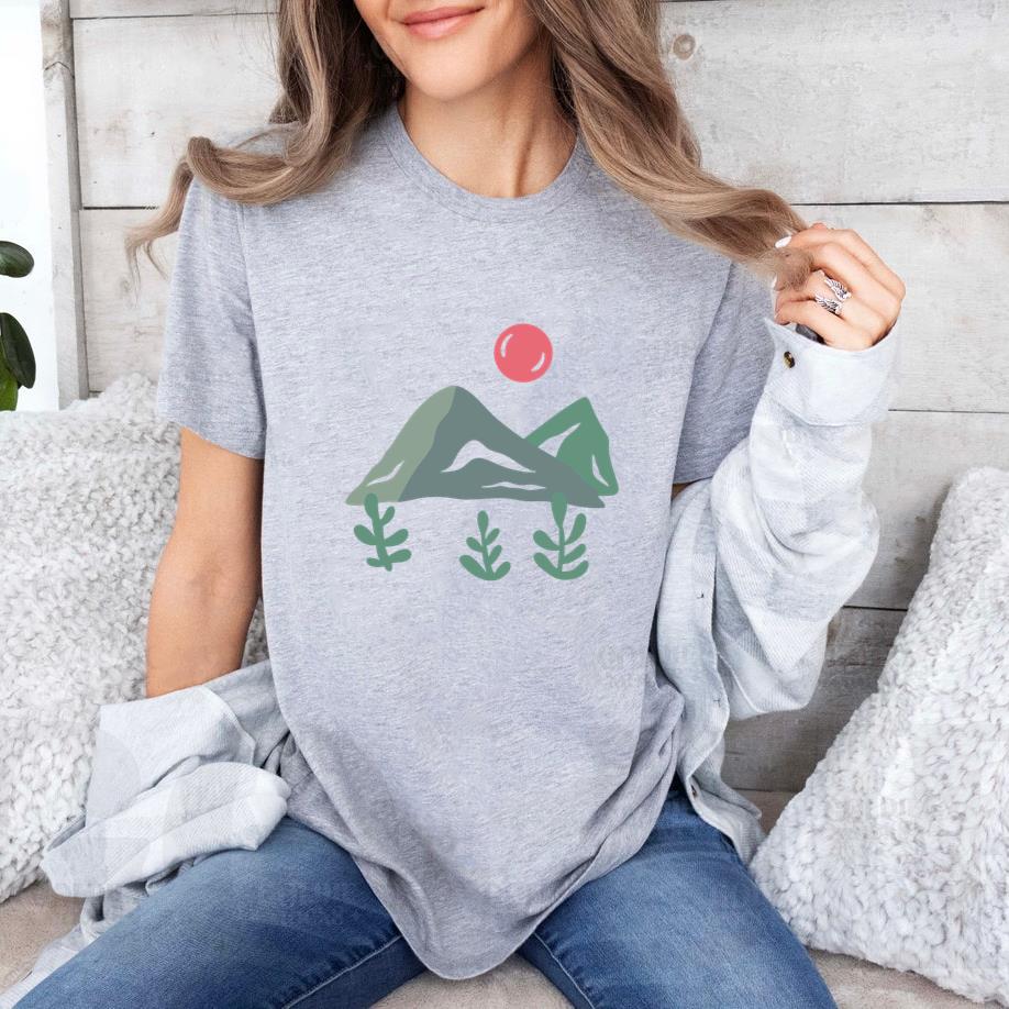 Abstract Mountain Landscape Illustration With Vibrant Sun T-Shirt - Image 3
